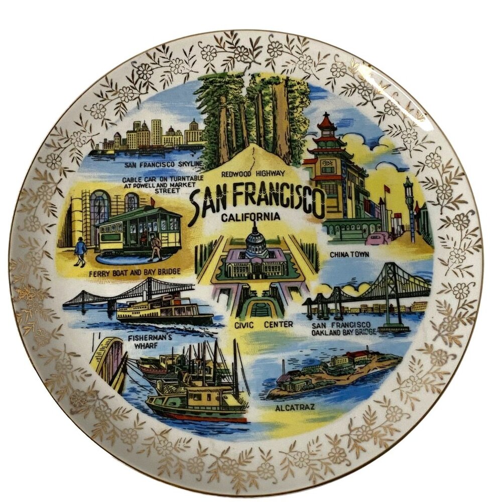San Francisco ceramic plate 60's Fisherman Wharf Redwoods Alcatraz Made in Japan